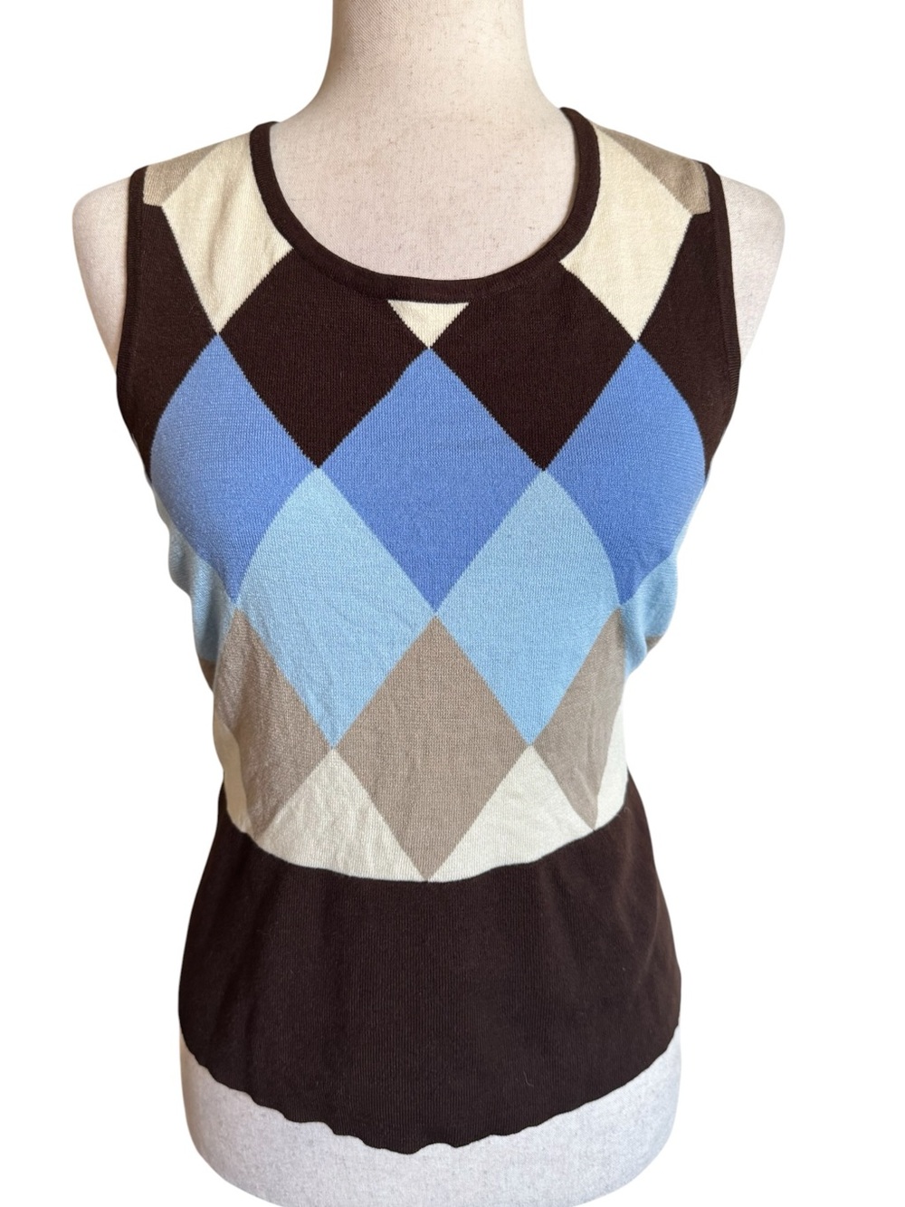 90s Talbots Brown & Blue Argyle Knit Tank